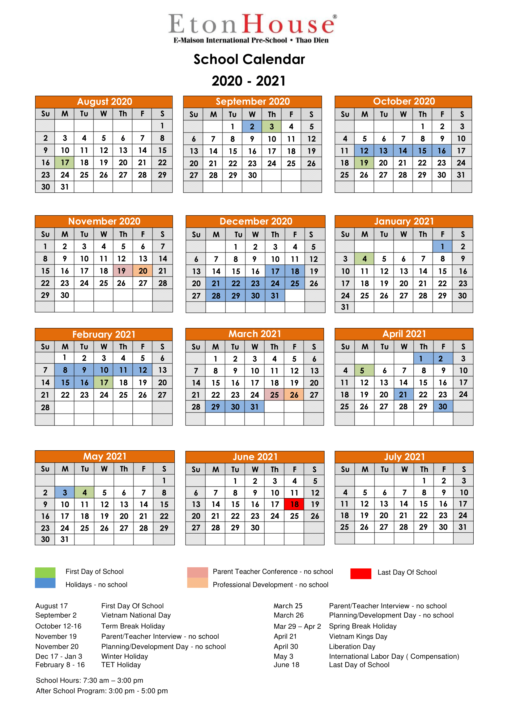 Calendar EtonHouse Thao Dien EMaison International Preschool