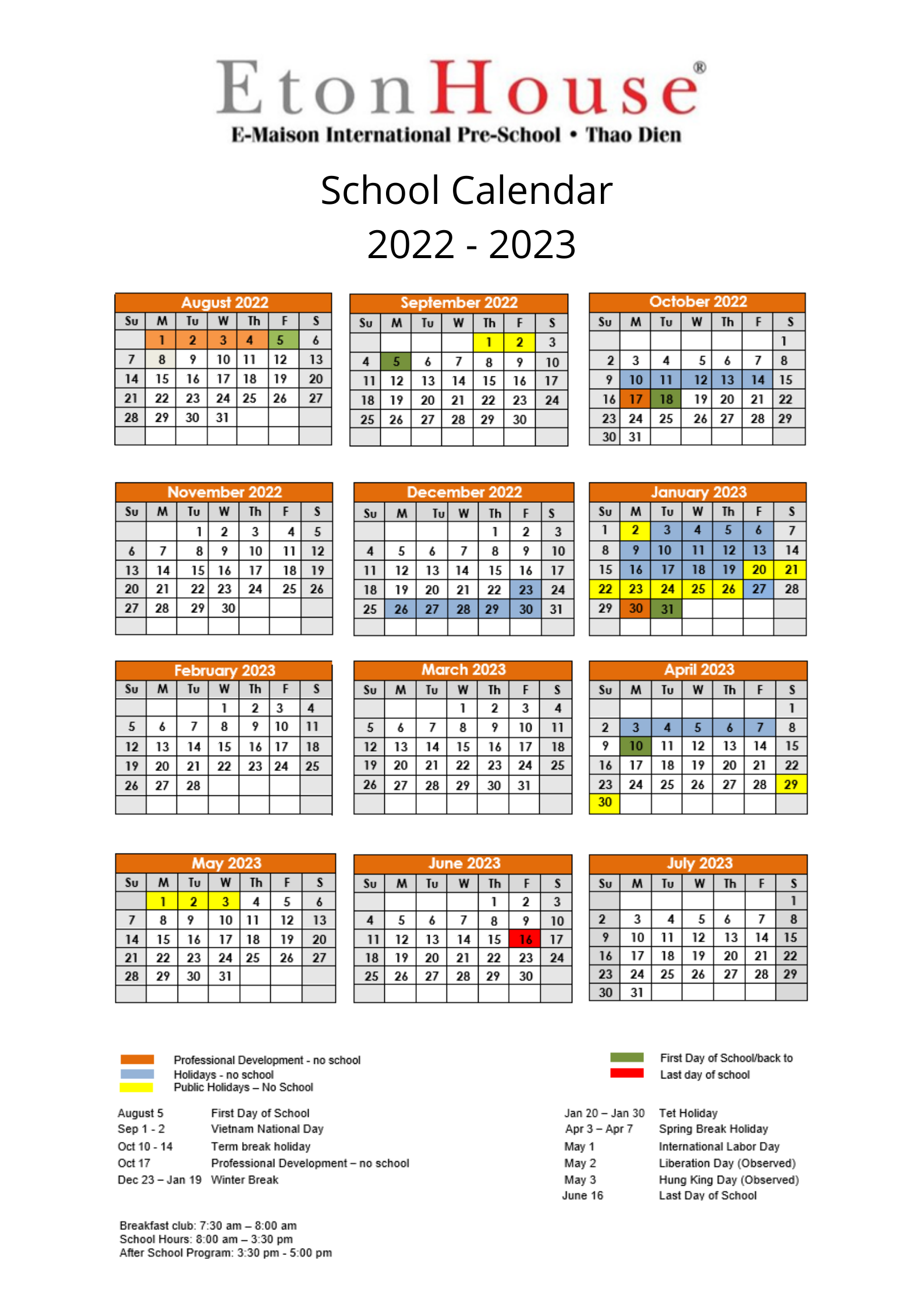Calendar EtonHouse Thao Dien EMaison International Preschool